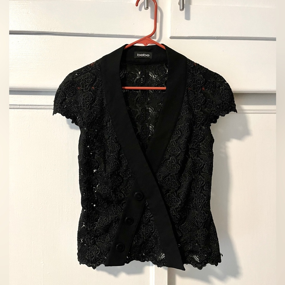 EUC BEBE Black Cross-front Peekaboo Lace Top